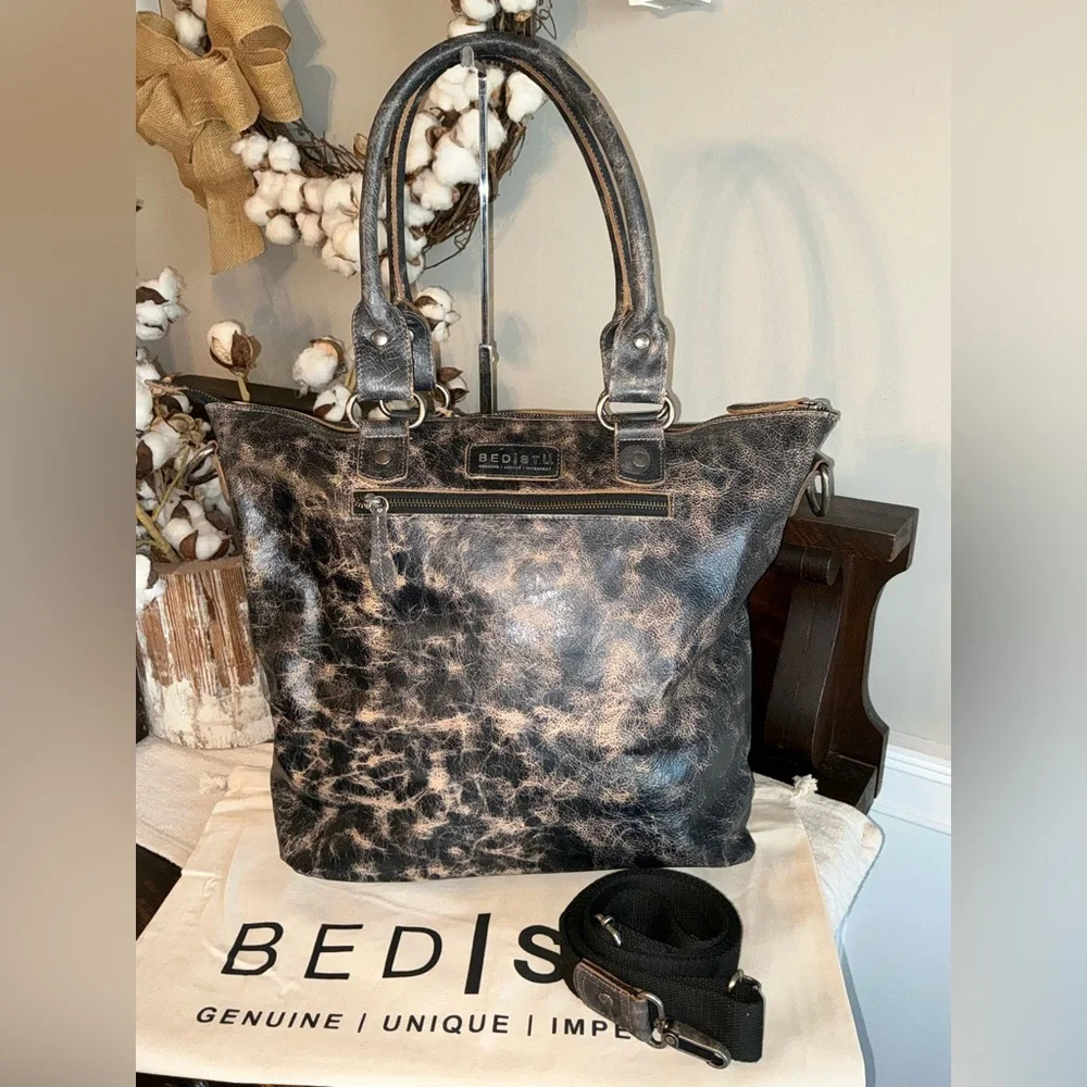 NWT Bed Stu Leather Big Fork Crossbody Tote Shoulder Bag Black Lux MSRP $365 - Picture 2 of 12